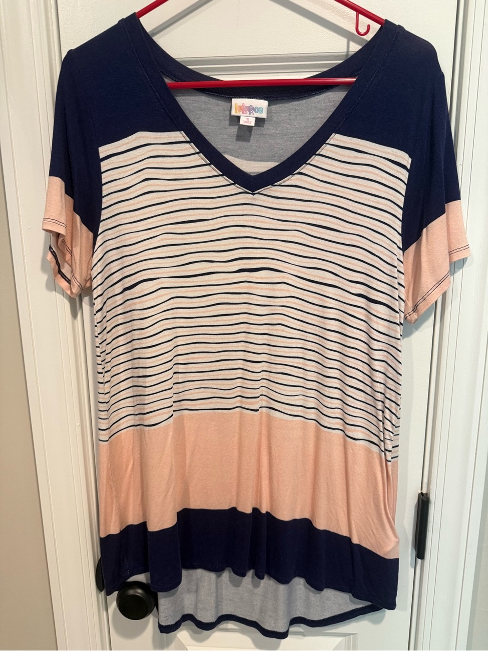 LuLaRoe Short Sleeve V-Neck Tunic in Navy and Blush